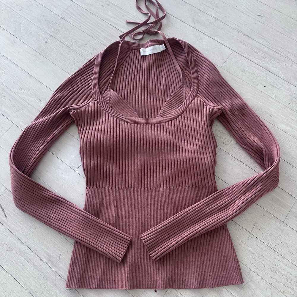 Jonathan Simkhai Mauve Ribbed Long-Sleeve Halter Top